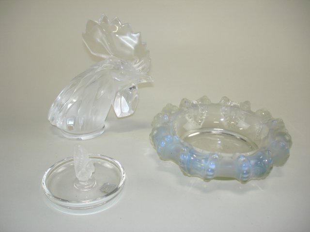 Lalique, France rooster head, tray & bowl: Rooster head 7 1/4"H, Lalique tray with squirrel, oval bowl 2 1/2" x 7 1/2" From a 40 year NYC collector's compilation. bowl has scratches