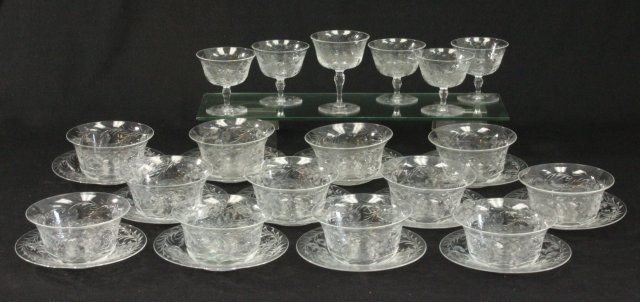 Etched crystal set-30 pieces: 12 finger bowls, 5 cups and 1 odd cup, 12 under plates From a 40 year NYC collector's compilation.