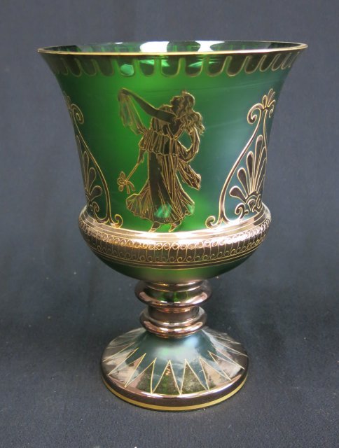 Czech green & gold glass vase: Grecian motif. Approx. 9 1/2" H. From a 40 year NYC collector's compilation.