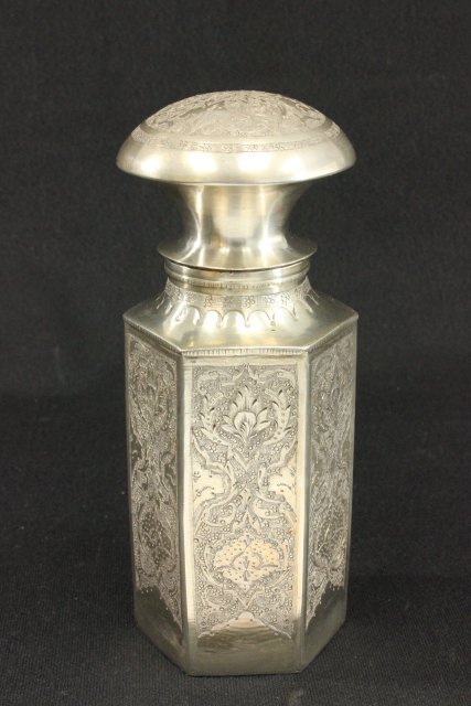 Persian 84 Silver Etched Canister: Hallmarked and signed Mohamad Hay Bradaran. Approx. 6 1/2" high, 309 grams, 9.9ozt. From a Great Neck, NY Estate.