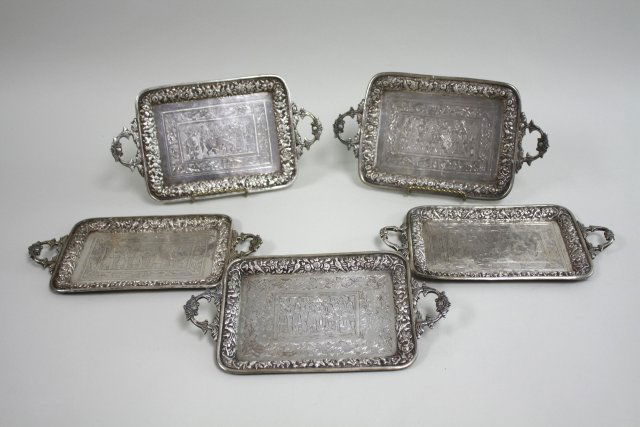 Set of 5 Persian Silver Etched Trays (1 of 8)