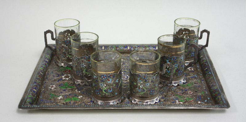 Persian Silver Enamel Tray with 6 Glasses (1 of 6)