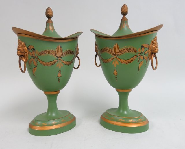 Pair of French tole covered vases: With lion motifs.