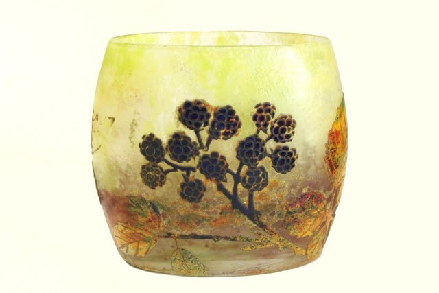 Daum Nancy Cameo Glass Vase: Foliate design, 5" x 5 1/2". From a 50 year private collection. good condition