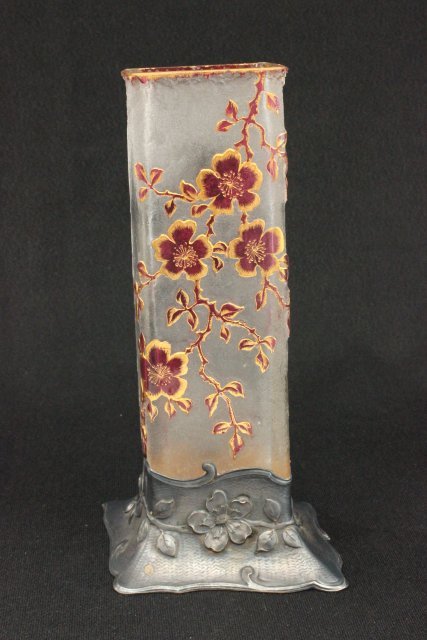 Daum Nancy Cameo Glass Vase in Metal Base: Pink floral design, 8 1/4"H good condition