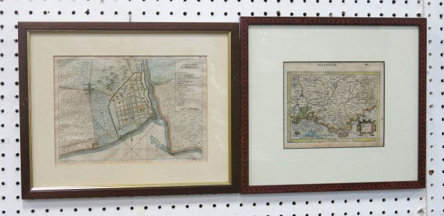 Two Antique Hand Colored Engraved Maps: 1 of Santo Domingo (18th Century) by V. Vann & G. Pazzi. Approx. 8" H x 11" W w/o frame, 12" H x 15" W framed. 1 of Provence, France from Honduis-Mercator Atlas (16th Century). Approx 6 1/2" H x 7 1/2