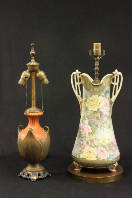 Two Porcelain & Pottery Vases Mounted as Lamps: Larger possibly Nippon, approx. 17 1/2" H, floral design. Small vase approx. 10" H. One handle repair on small vase.
