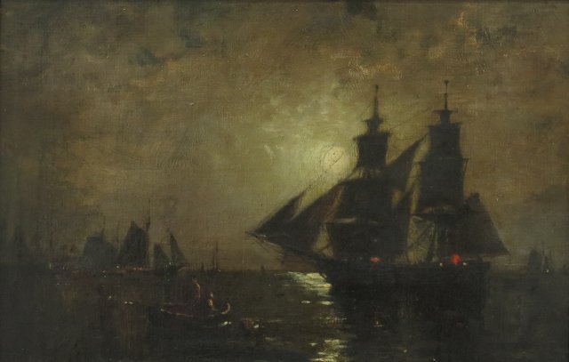 Attributed to Edward Moran, "Moonlit Harbor": Oil on canvas laid on board. Framed. Unsigned. Edward Moran, American (1829-1901). Approx. 11" H x 17" W unframed, 19" H x 25" W framed. Property of a Bernardsville NJ collection (4069). Damages to fr