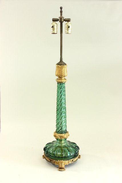Green Glass & Bronze Candlestick Mounted as Lamp (1 of 5)