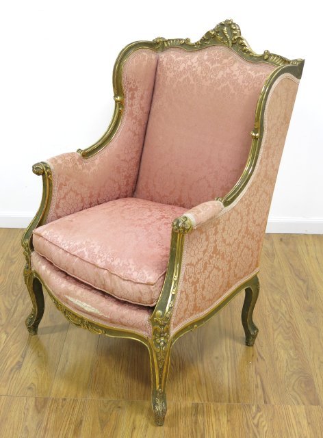 French Gilt Wood Bergere Ca. 1900: With pink upholstery.