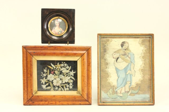 Two Framed Crewel Work Pictures & Mini Portrait (1 of 8)