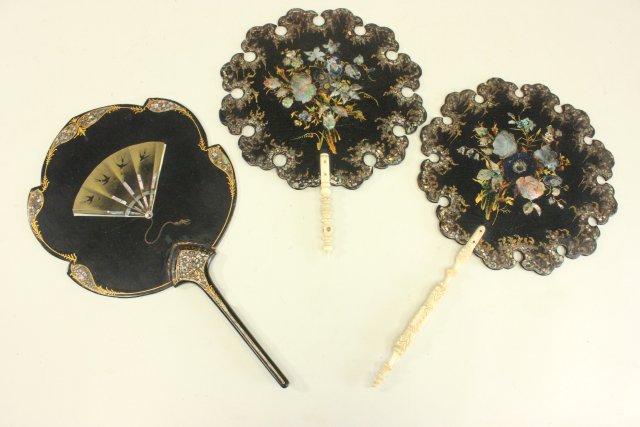 19th c 3 Papier Mache Fans: Mother of pearl inlay & bone handles. 2 with floral design, 1 with fan design. From a private NYC estate. 1 restored.