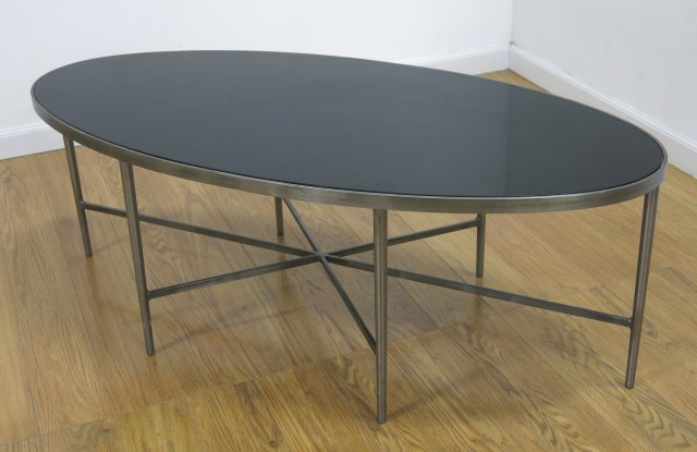 Black Glass & Steel Oval Coffee Table: Approx. 17" H x 22 1/2" x 48" W.