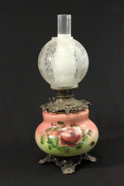 Gone with the Wind Lamp: Floral base with floral frosted shade. Electrified. From a private NYC estate.