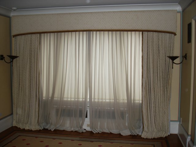 Large Brunswick et Fils Window Curtain: With valance. Valance approx. 12' W. Curtains approx. 100" H. Good condition.