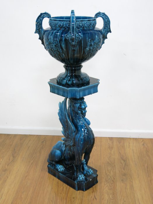 Figural Griffon Blue Glazed Jardiniere & Pedestal (1 of 6)
