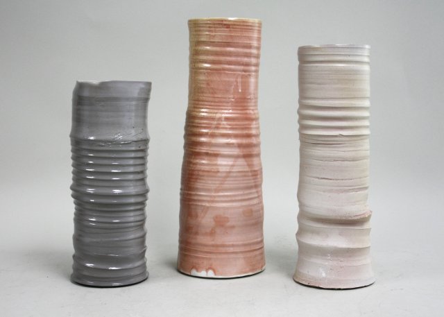 3 James Makins Various Colored Vases: Largest approx 13 1/2" H. Good condition.