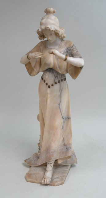 Alabaster Deco Figure with Lion Head: Approx. 27" H. Hand repaired, missing. Probably had a flute. Crack in base.