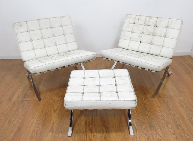 Pair "Barcelona" Chairs & 1 Stool in White Leather: Possibly by Cassina. Chair approx. 29" H x 29 1/2" W x 30 1/4" D.