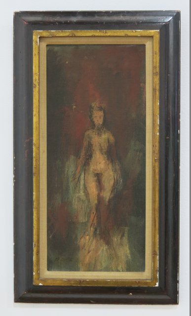 John Barnes Dobbs, "Standing Nude": Oil on canvas. Framed. Signed lower left. John Barnes Dobbs (born 1931). From a NYC collector's 40 year compilation. Small puncture. Scratches to frame.