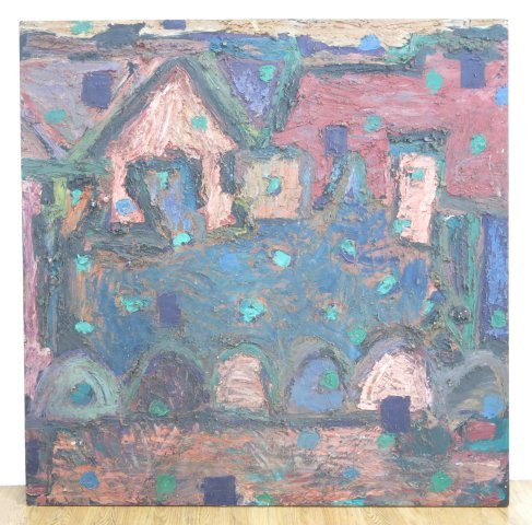 Jay Milder, "Moon Town" Abstract: Mixed media on masonite laid on board. Signed & dated 1987 rear. Jay Mildler, American (b. 1943). Approx. 72" x 72". Property of a Bernardsville, NJ collection. (4069)
