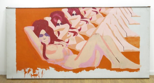 After Alex Katz, "Girls": Oil on canvas. Framed. Unsigned. Approx. 48" x 96". Property of a Bernardsville, NJ collection. (4069) Damages to frame.