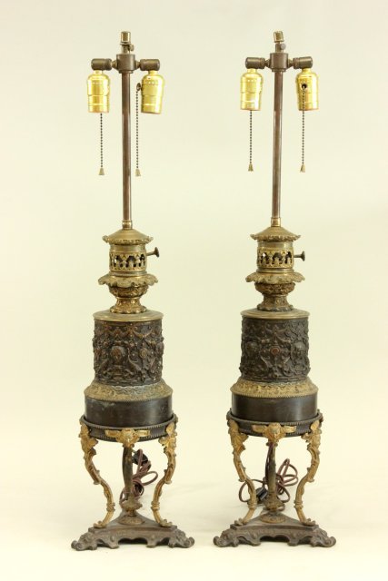 Pair of 19th C. French Bronze & Ormolu Oil Lamps (1 of 6)