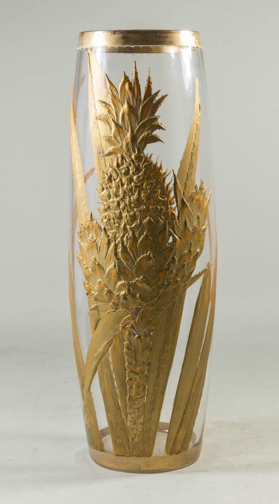 Floral Glass Vase with Gold Overlay: Approx. 14" H. (4134) Good condition.
