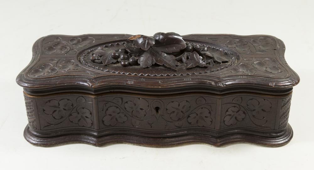 Black Forest Glove Box: Approx. 4 1/4" H x 12" W x 5" D. Chip to leaf.