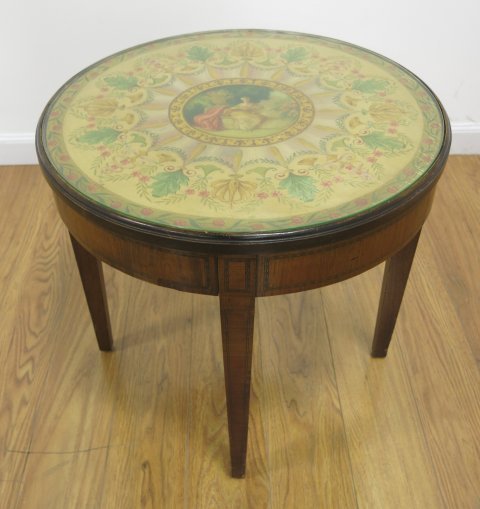 Adams Style Satinwood Tea Table: Inlaid apron & legs, glass top to protect top. Approx. 20" H x 20 3/4" D.