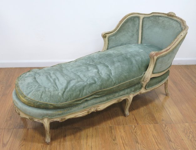 French Louis XV Chaise Lounge: Mid century. Down cushion. Approx. 25" H x 28" W x 63" D.
