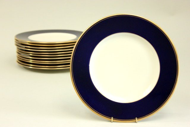 Set of 12 Cobalt Blue with Gold Rim Plates: Marked rear. Approx. 10" D. Good condition.