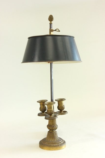French Bronze Bouillotte Lamp: With adjustable tole shade. Approx. 22" H to finial.