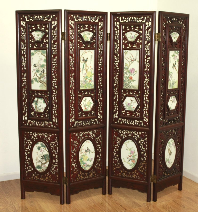 4 section Chinese rosewood porcelain plaque screen (1 of 7)