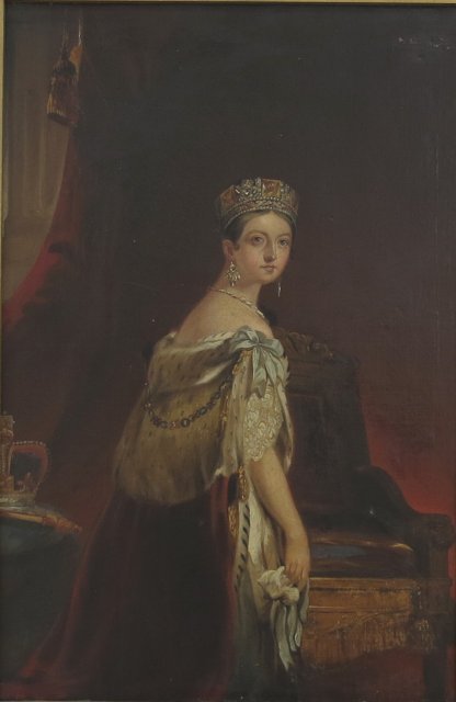 Portrait of Queen Victoria: After Thomas Sully's portrait of Queen Victoria. Oil on canvas. Gilt framed. Approx. 17" H x 11" W unframed, 27" H x 20 1/2" W framed. Relined.