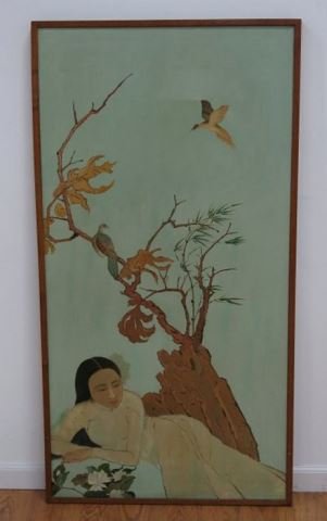 Vietnamese School, Young Woman in Garden: Oil on canvas. 20th century. Approx. 54" H x 28" W unframed, 55" H x 29" W framed. Property of a Bernardsville NJ collection (4069).