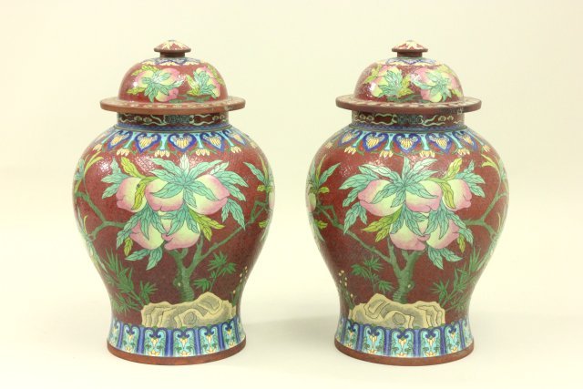 Pair of 20th C Cloisonne Covered Urns (1 of 10)