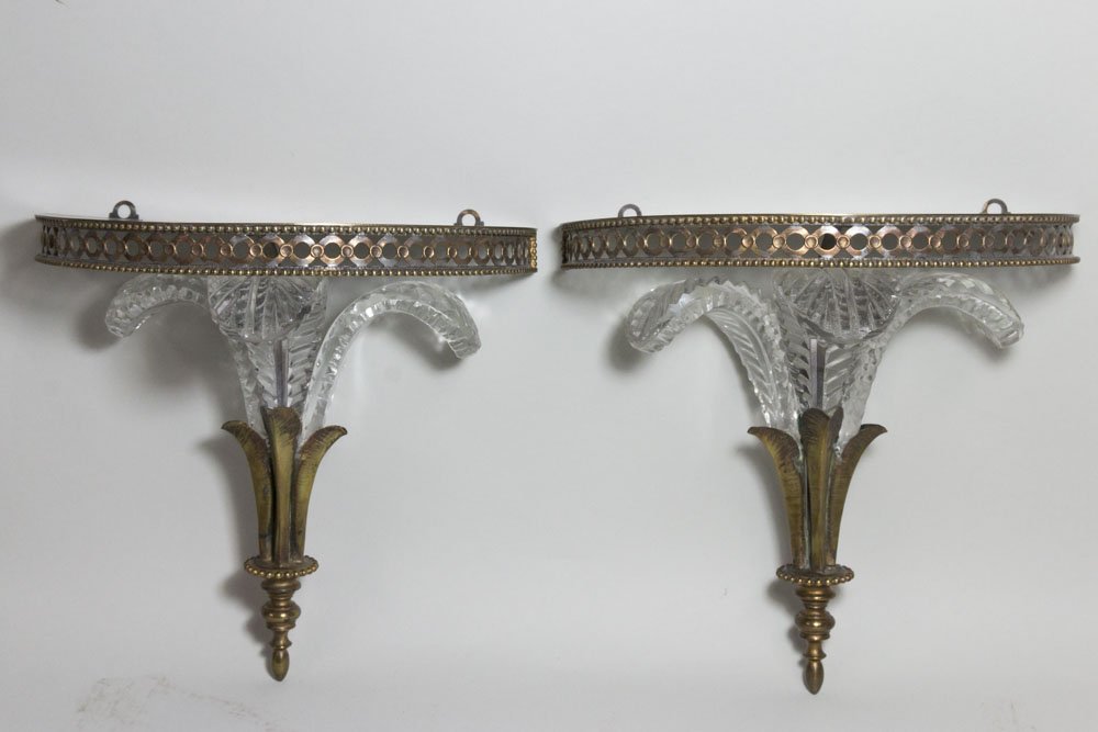 Pair Prince of Wales Wall Brackets: Crystal & brass. Approx. 8" x 9".