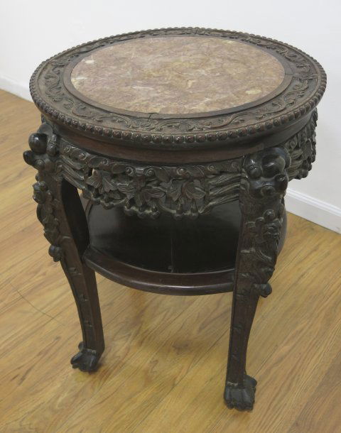 Chinese Carved Teak Table with Marble Inset (1 of 3)