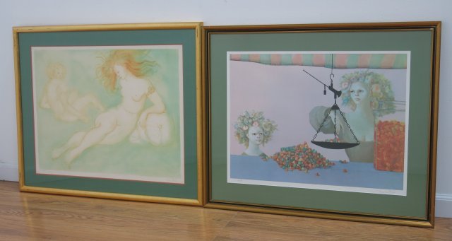 Leonor Fini, Scales & Reclining Nude: Scales, Pencil signed & numbered 247/275. Approx. 19" x 25" sight, 27" x 33" framed. Reclining Nude, Pencil signed & numbered 49/250. Approx. 20" x 26" sight, 27" x 33" framed. Leonor Fini, Argentinea