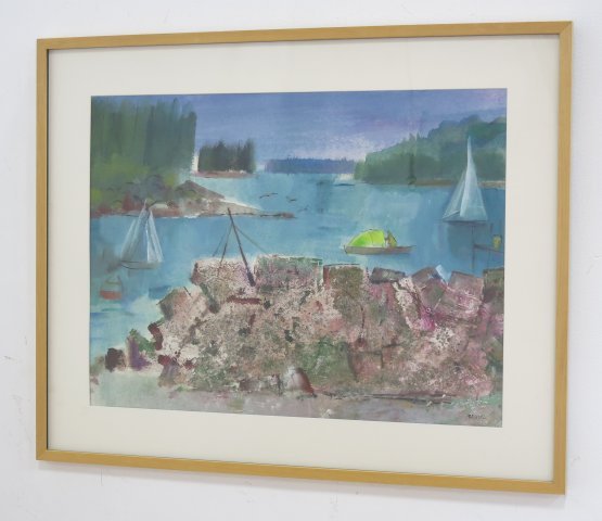 Walter Reinsel, "Sea Wall": Mixed media & watercolor on canvas. Abstract Landscape. Framed. Signed lower right & labeled on rear. Walter Reinsel, American (1905-1979). Approx. 21" H x 29" W unframed, 30" H x 38" W framed. Proper