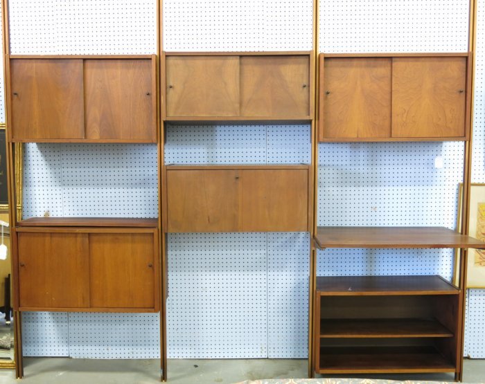 George Nelson for Herman Miller, "Omni" 3 Bay Unit: Copper finished metal and walnut. Approx. 95" H x 98" 1/2" W x 25" deep.