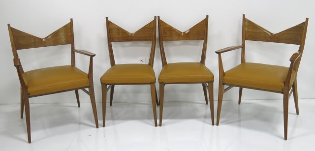 4 Paul McCobb for Calvin chairs: Including 2 armchairs with leather upholstery. Circa 1958. Approx. 34" H x 24" W x 24" D. Good condition.