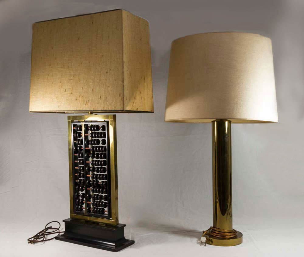 Abacus Lamp & Brass Lamp, Ca 1970: Each approx. 20 1/2" H. From the Estate of Matilda Shookhoff, Bayside, NY.