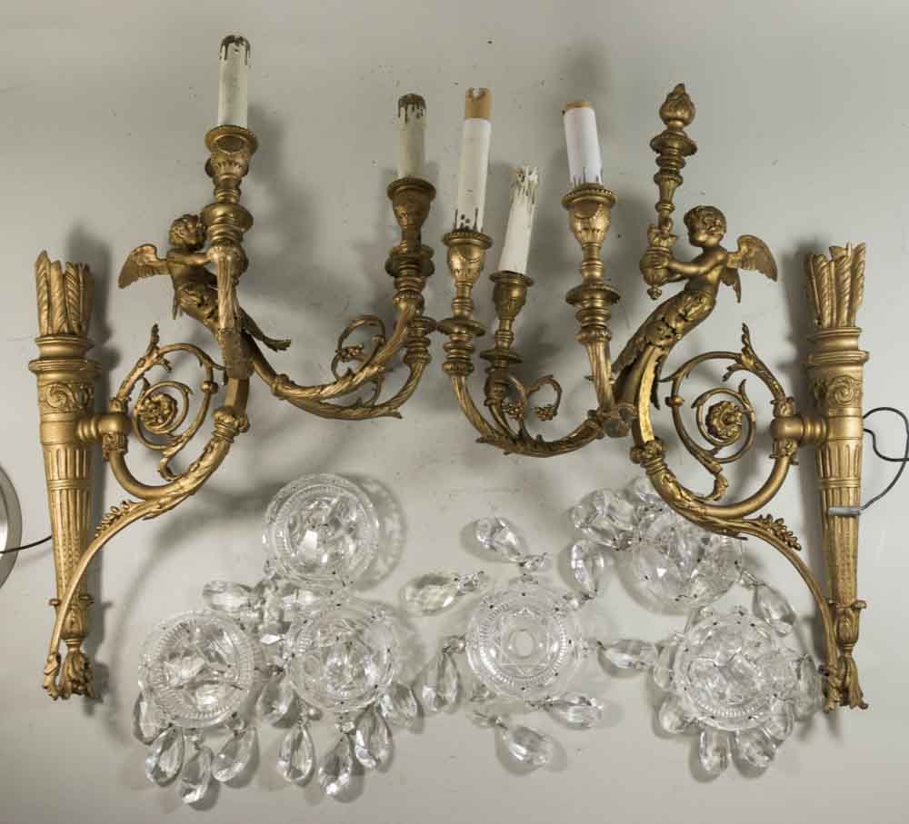 Pair Bronze Figural and Crystal 3 Arm Sconces (1 of 2)