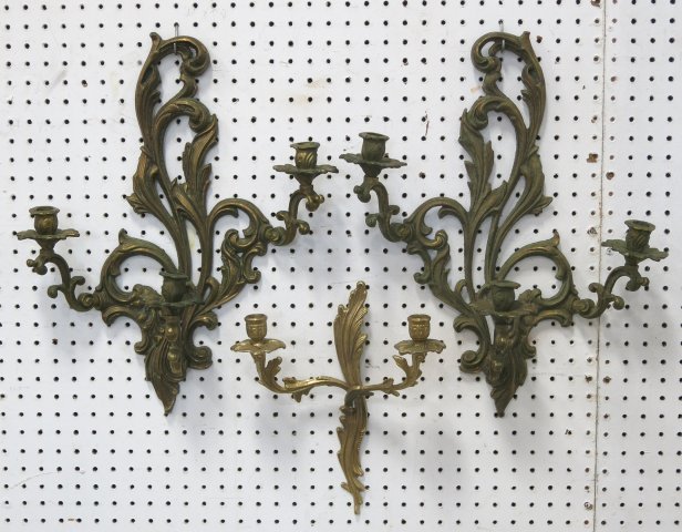 Lot of 3 Sconces: Including pair of sconces, approx. 20 1/2" H x 17" W; and one single sconce, approx. 13" H x 11" W. Pair of sconces missing crystals.