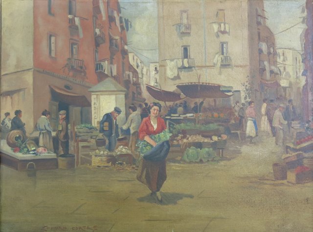 After Edouard Cortes, "Market Scene": Oil on canvas. Framed. Approx. 18" H x 24" W canvas, 24" H x 30" W framed.