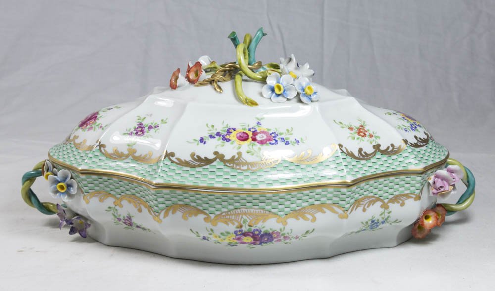 French Porcelain Covered Casserole: Approx. 6" H x 13" W x 7" D.