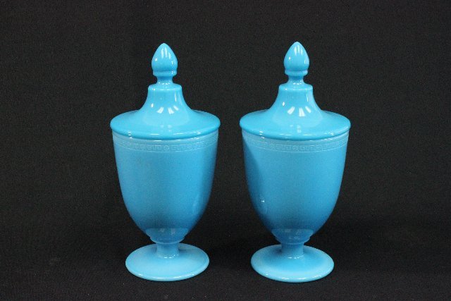 Pair Canterbury Glass Covered Jars: Approx. 10 1/2" H. (4165)