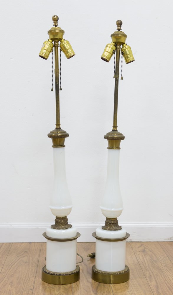 Pair Opaline Glass & Brass Columnar Lamps (1 of 1)